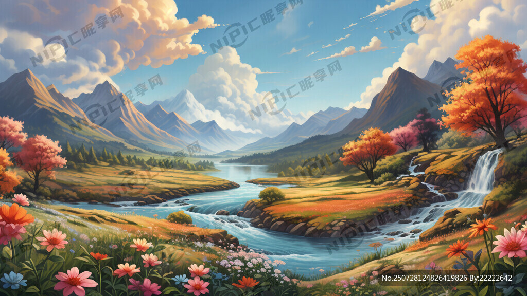 山水祥云 瀑布河流 平原草地