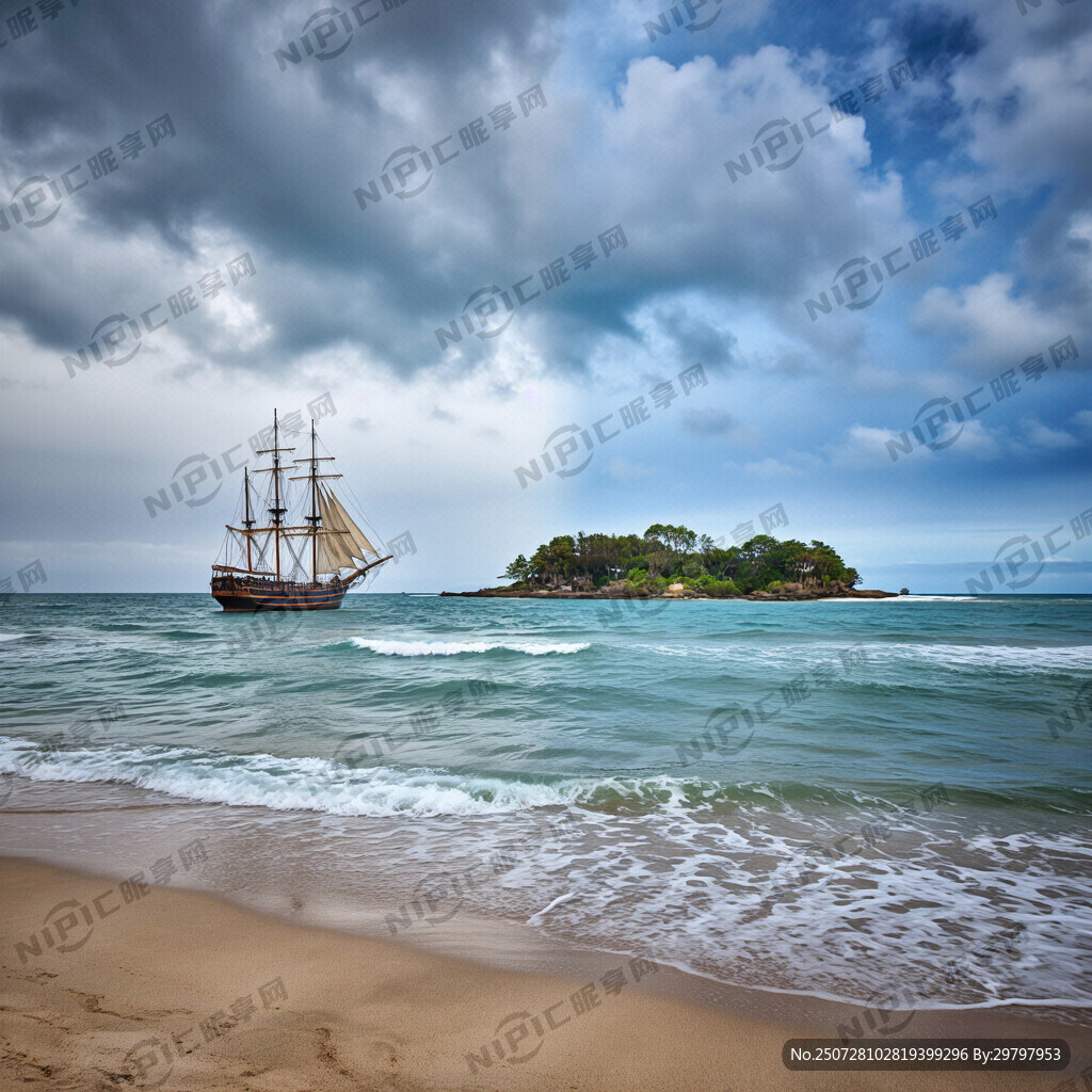 海盗船 小岛 沙滩 大海