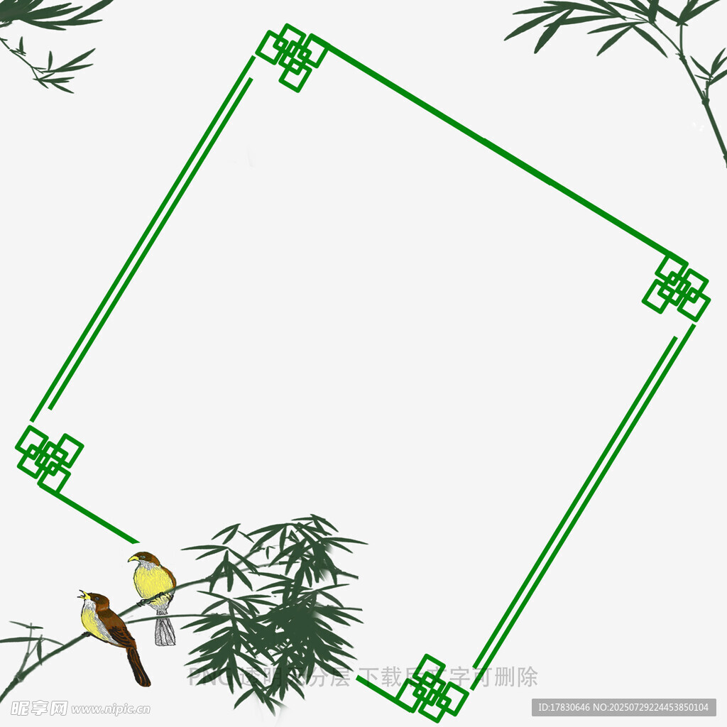 中式边框旁的竹鸟景致