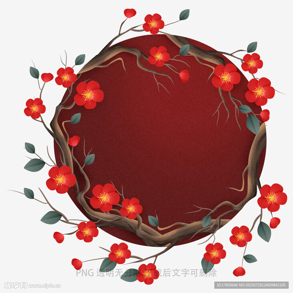 红色花卉圆形边框装饰图