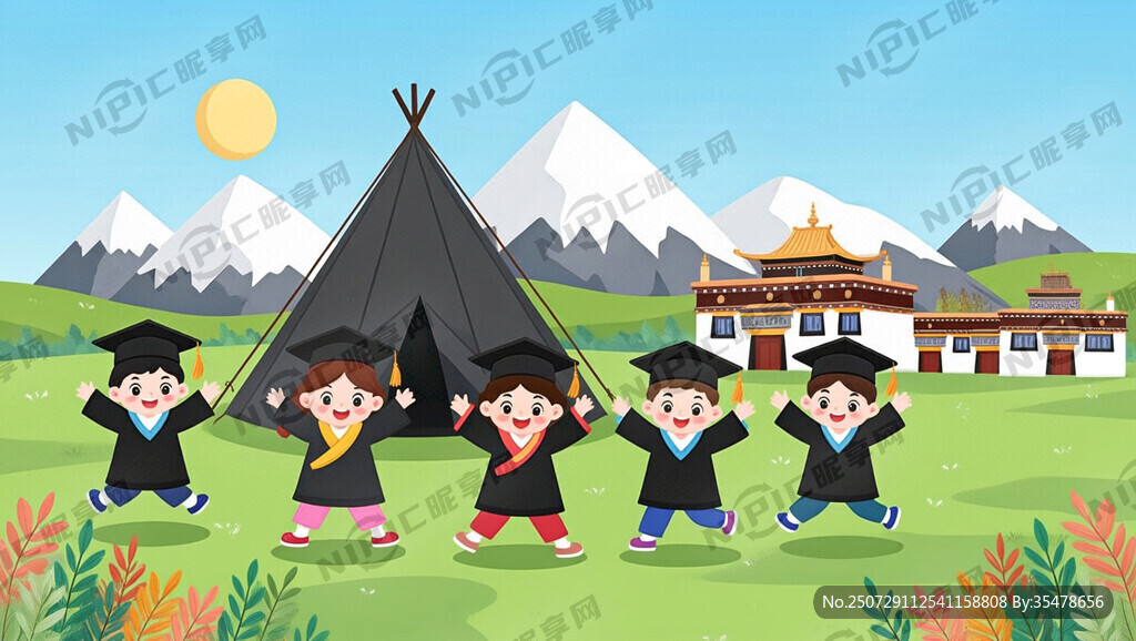 藏式背景 要有卡通穿毕业服小孩