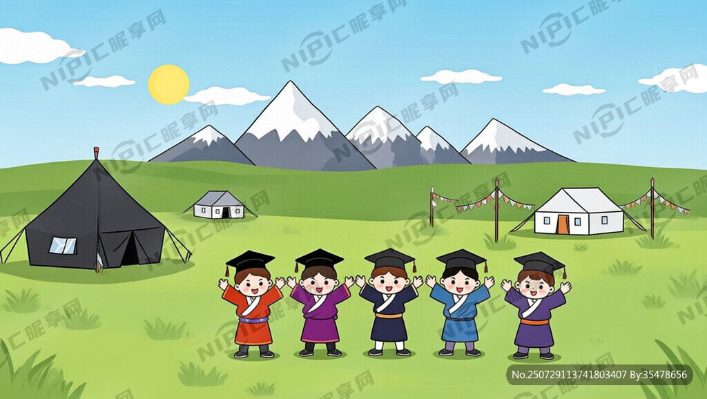 藏式背景 要有卡通穿毕业服小孩