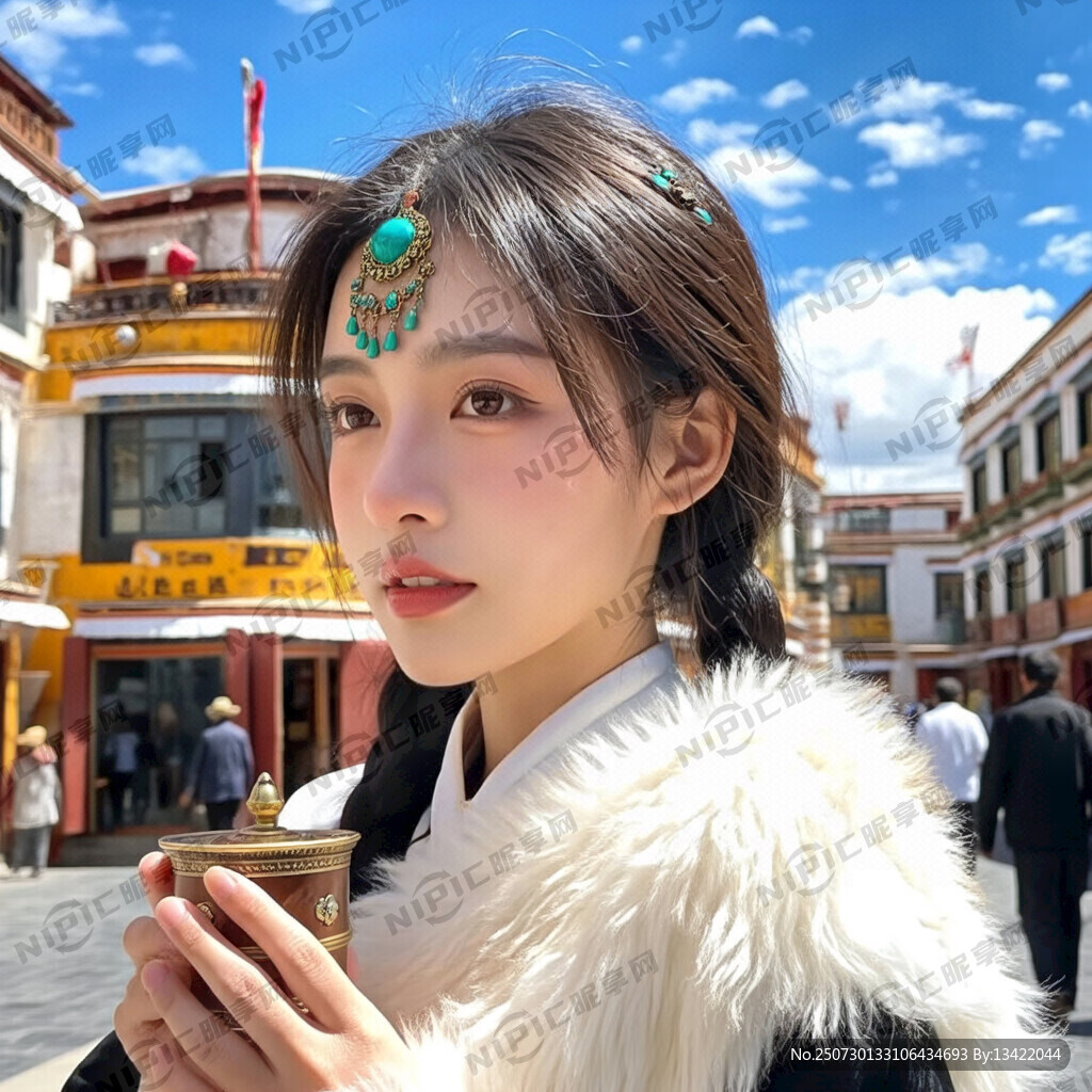 清晰脱俗的藏族美女在喝甜茶