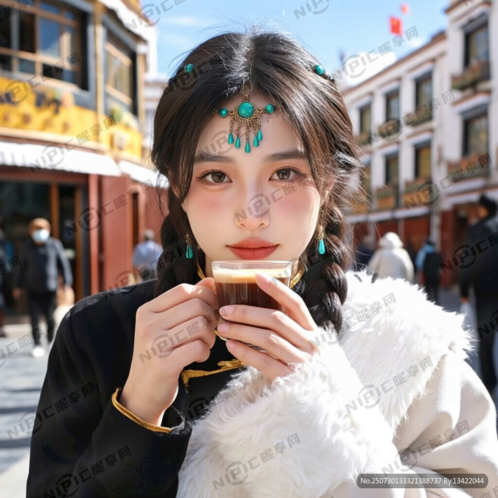 清晰脱俗的西藏美女在喝甜茶