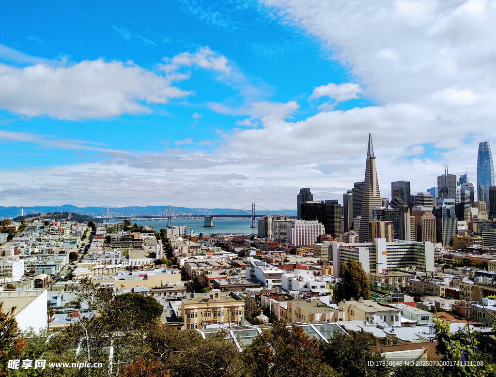 城市天际线与蓝天白云景观