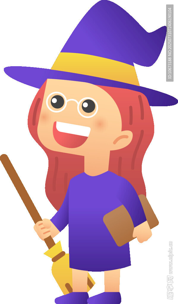 可爱小女巫手持扫帚与书