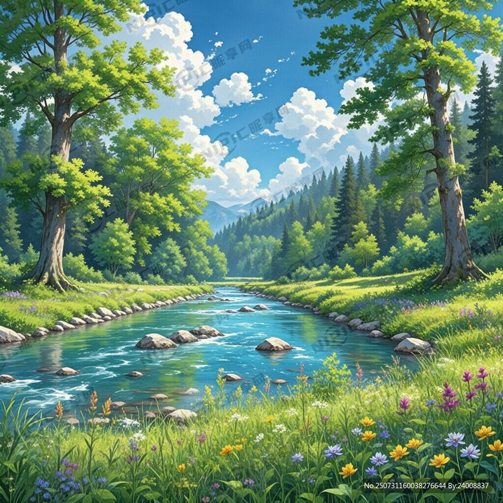 清澈蓝色河流 大树 茂密森林