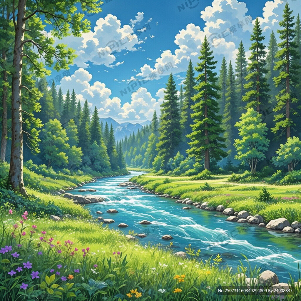 清澈蓝色河流 两边 茂密森林