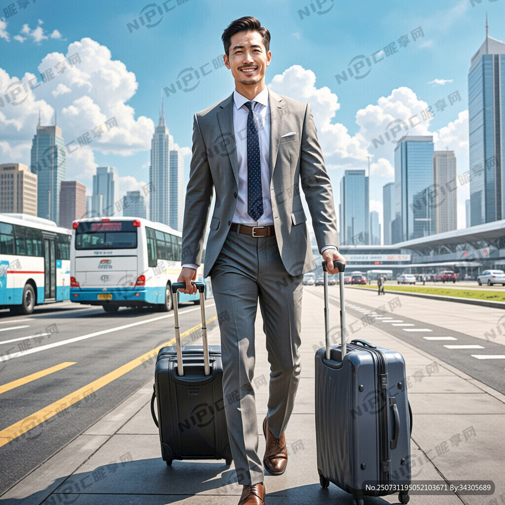 商务男人 手拖行李 背景航空站