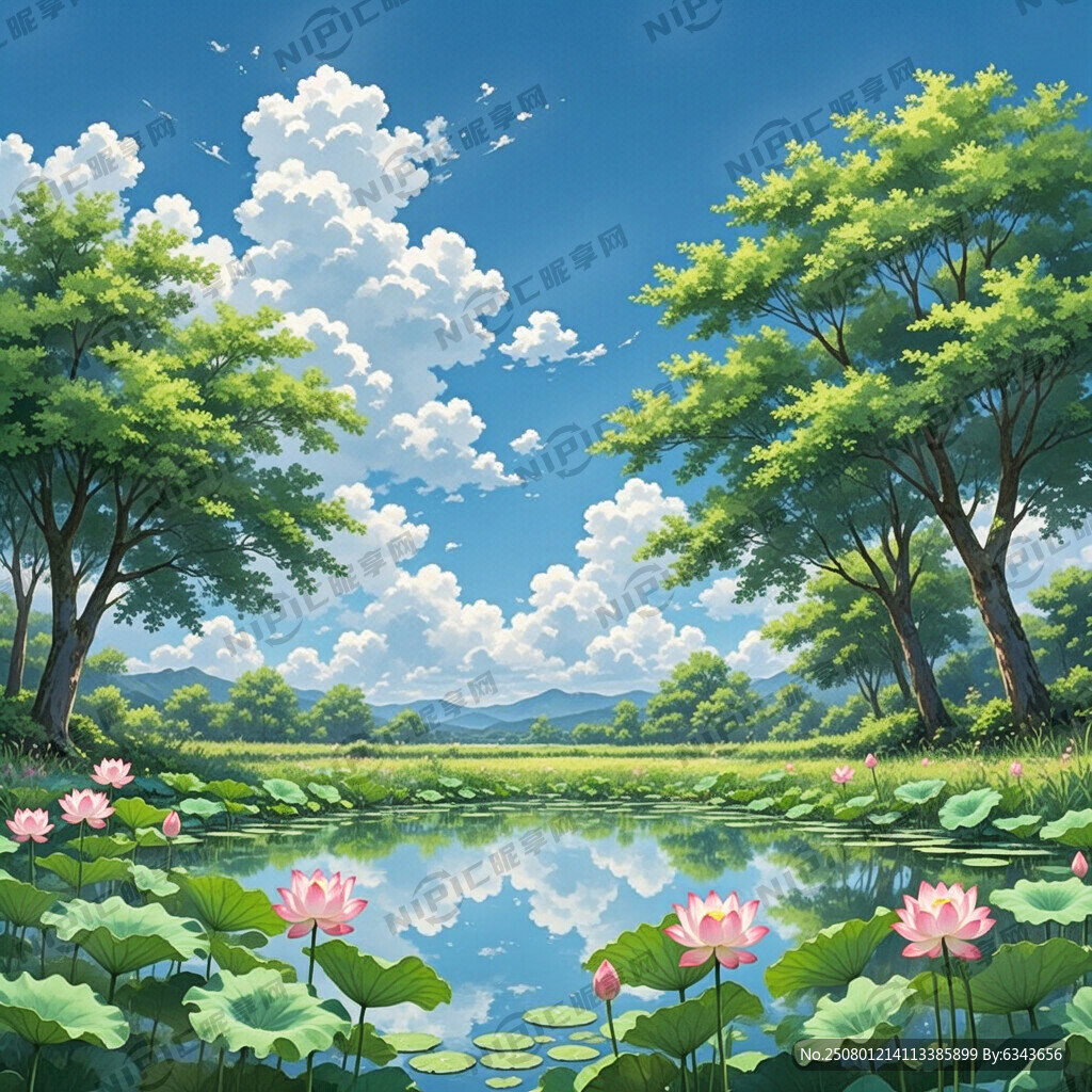 蓝天白云池塘边两边有树