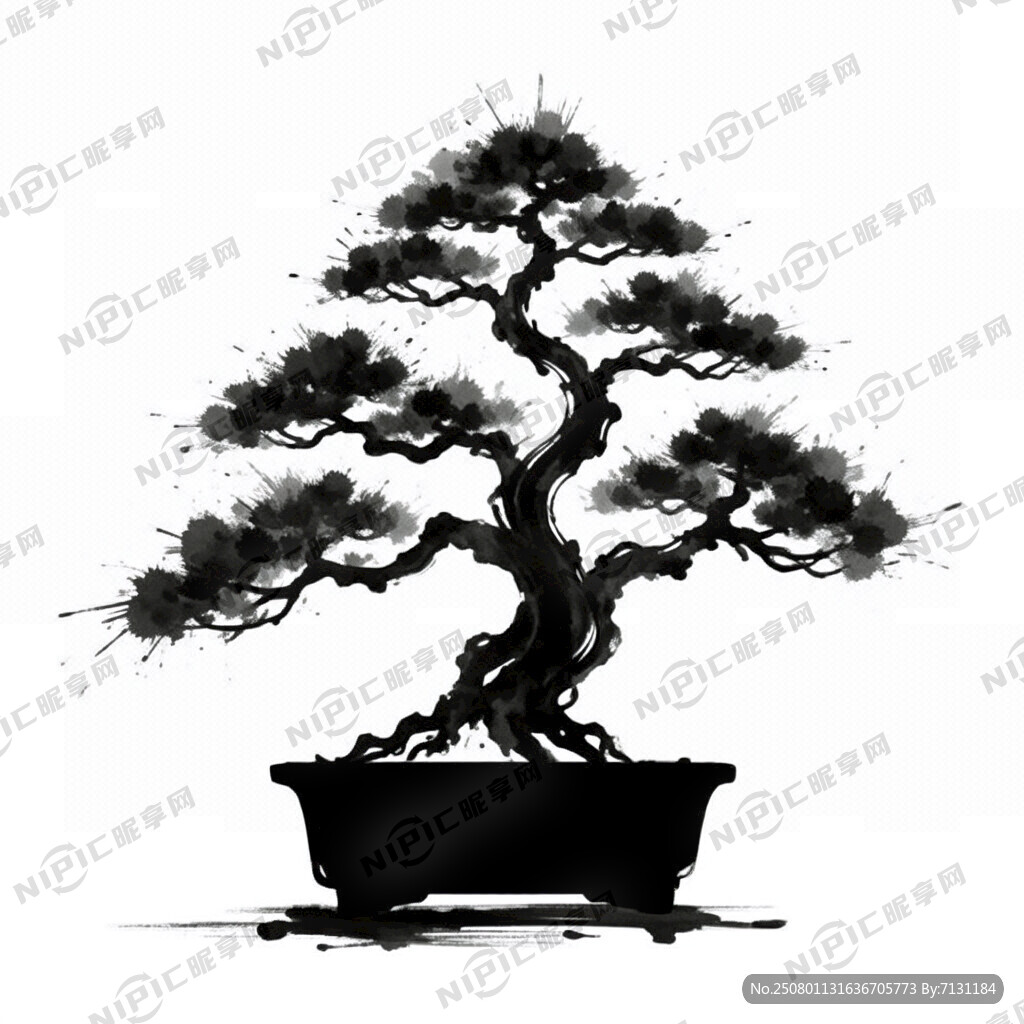 盆景黑色剪影 泼墨风格 大气