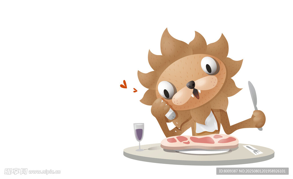 可爱小狮子专注吃牛排