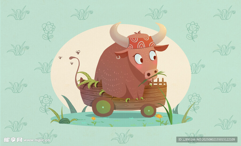 卡通野牛坐小车欢乐场景