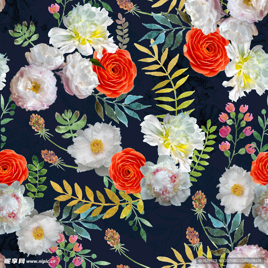 深蓝色底多彩花卉图案