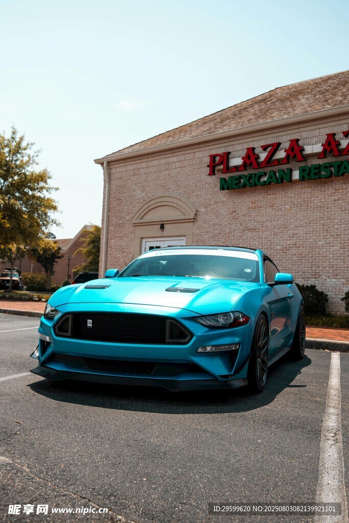 蓝色野马停于披萨店前