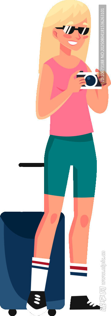 旅行女孩手持相机与行李箱