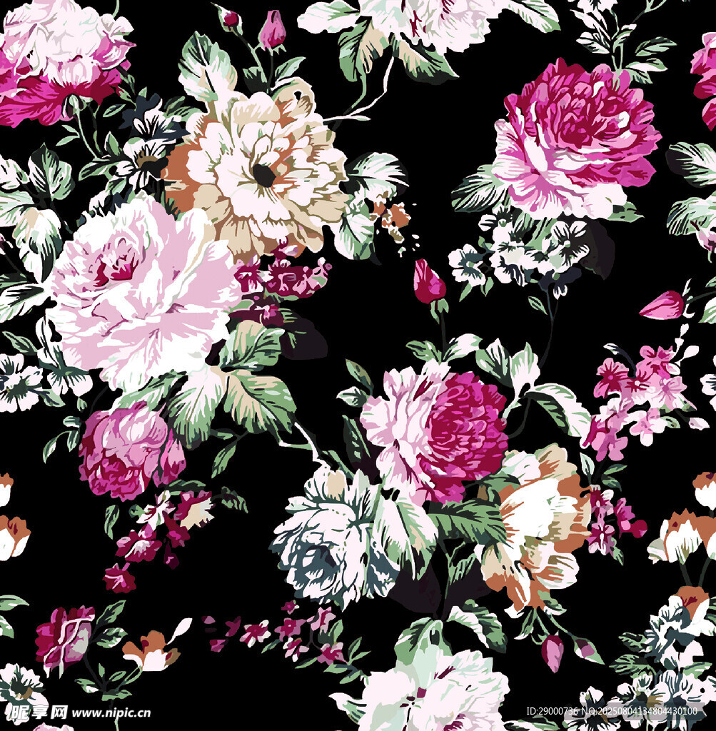 黑色底繁花图案面料