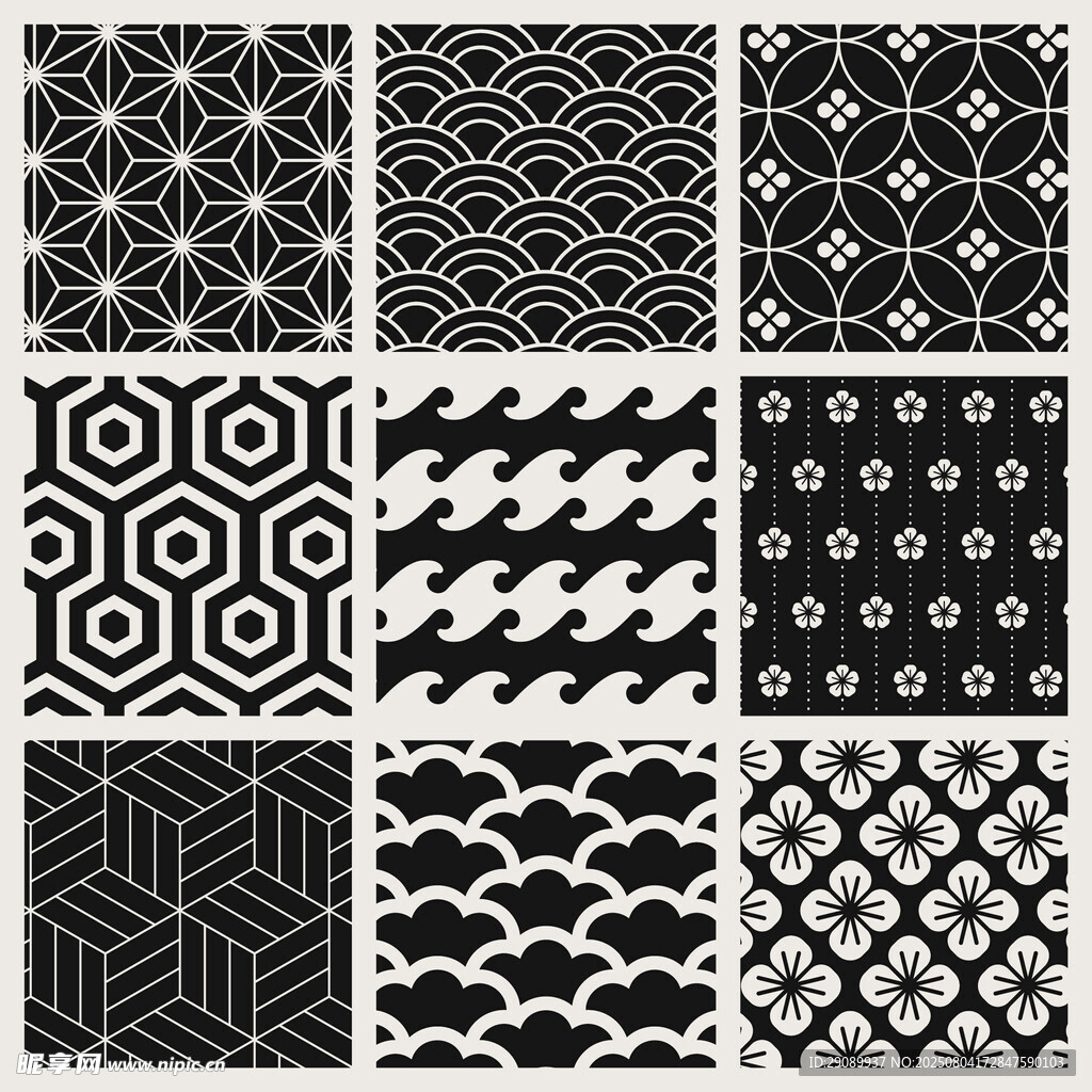 几何黑白无缝图案集合