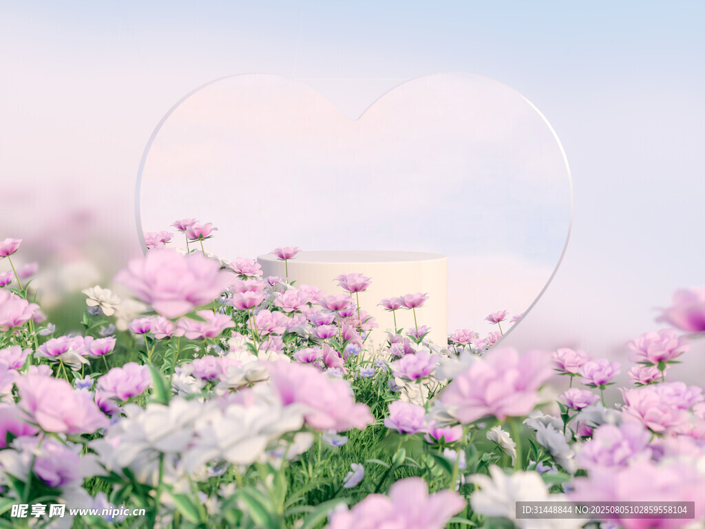 梦幻花海中的透明心形装置