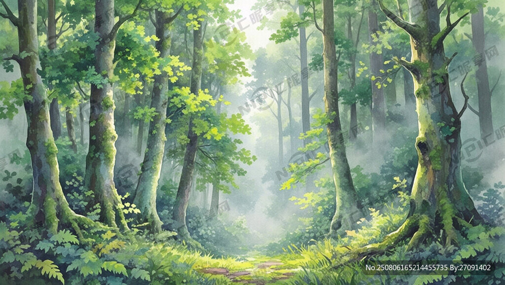 水彩手绘风格 森林横板长图