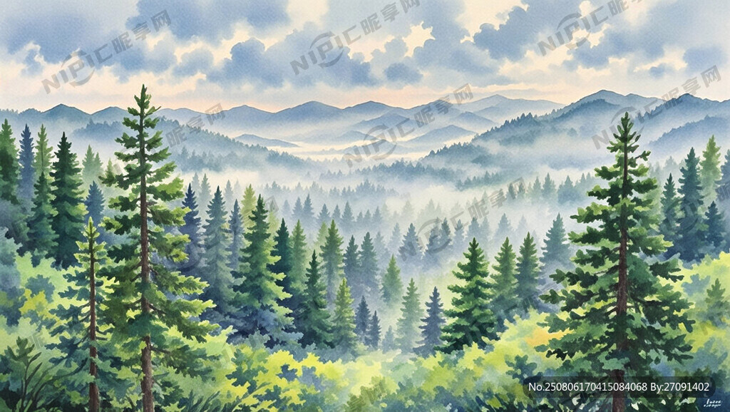 水彩手绘风格 森林横板长图