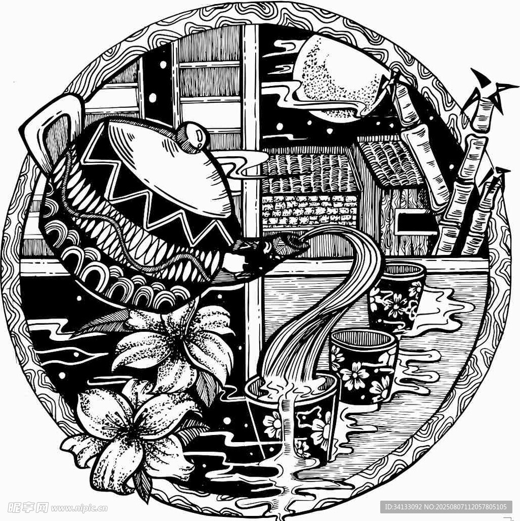 传统民俗文化圆形插画