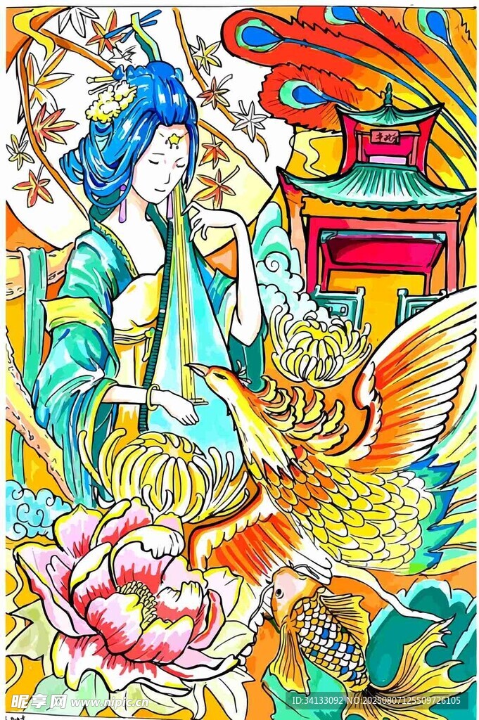 古风花鸟人物绚丽插画装饰画