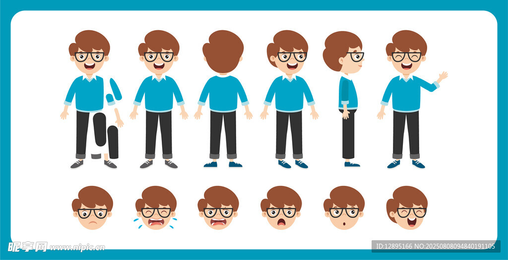 蓝色服装人物多视角展示