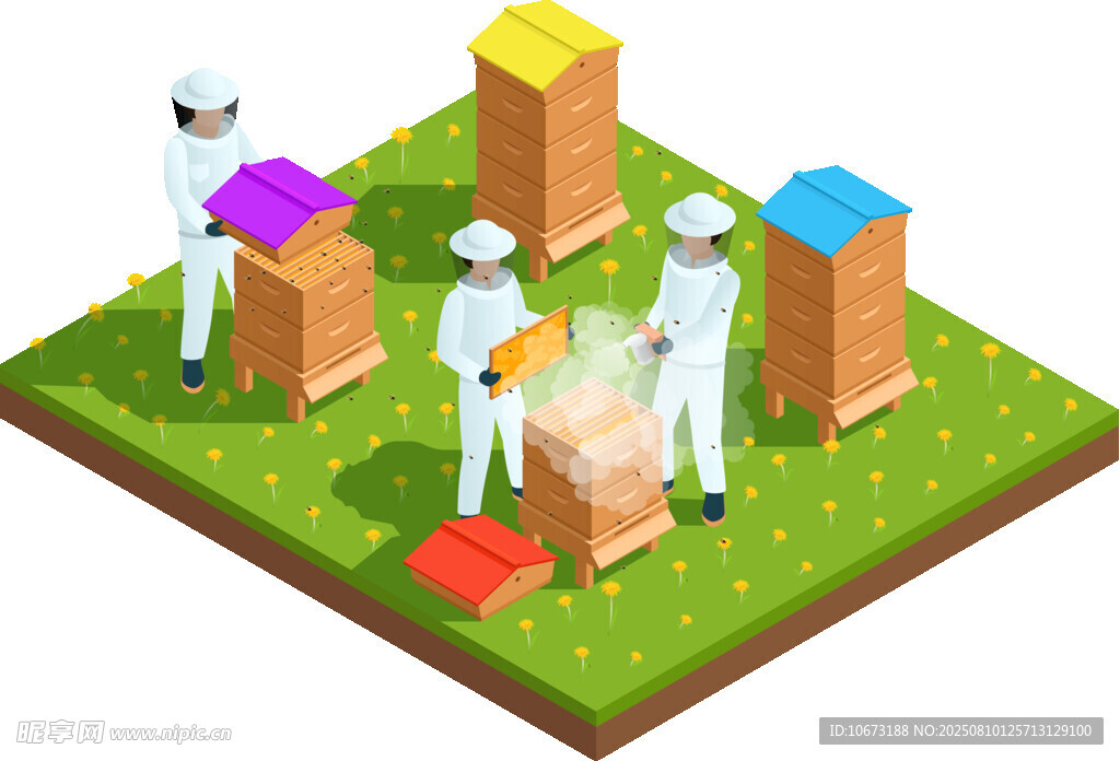 养蜂人在蜂巢旁忙碌