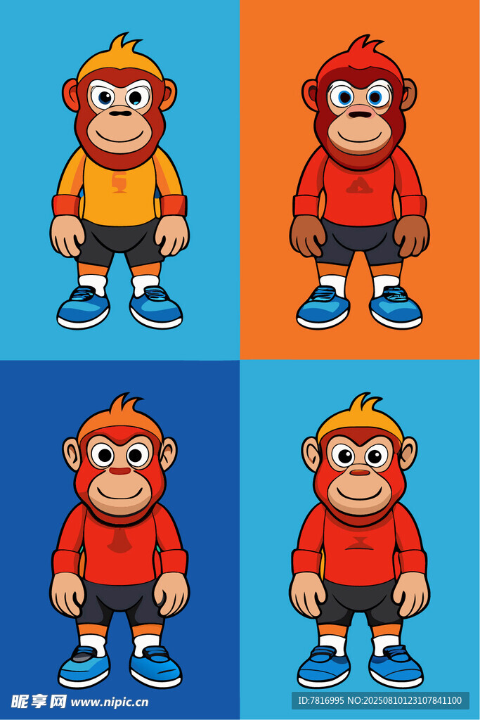 四色卡通小猴形象展示