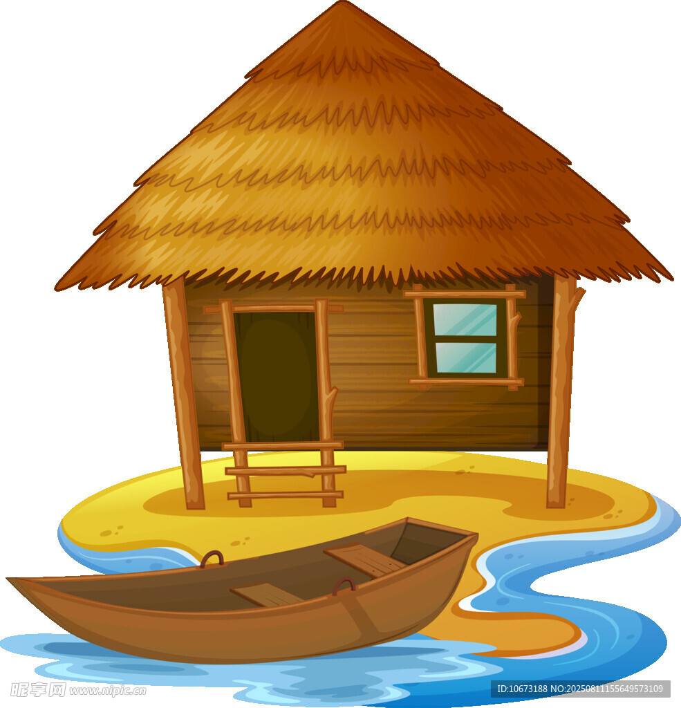 小岛上的茅草屋与木船