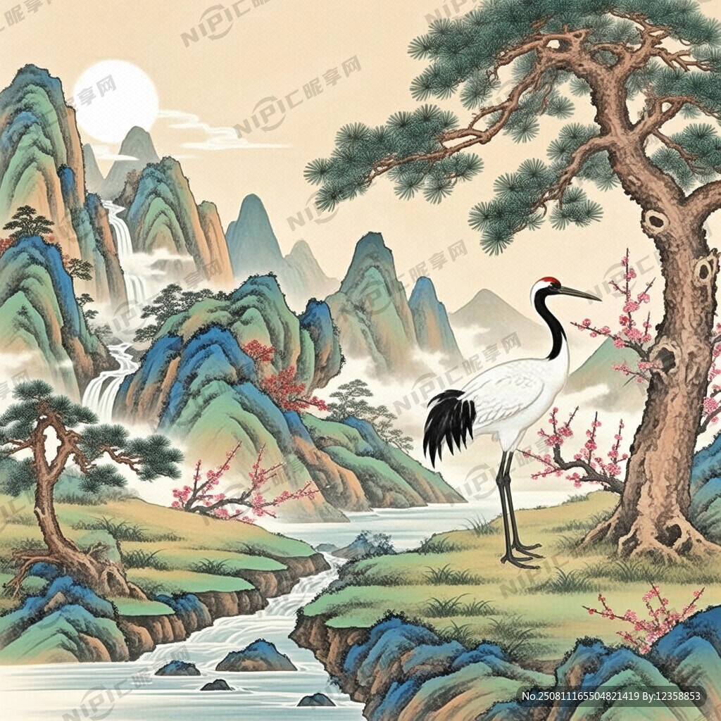 松鹤延年 国画 工笔画风格