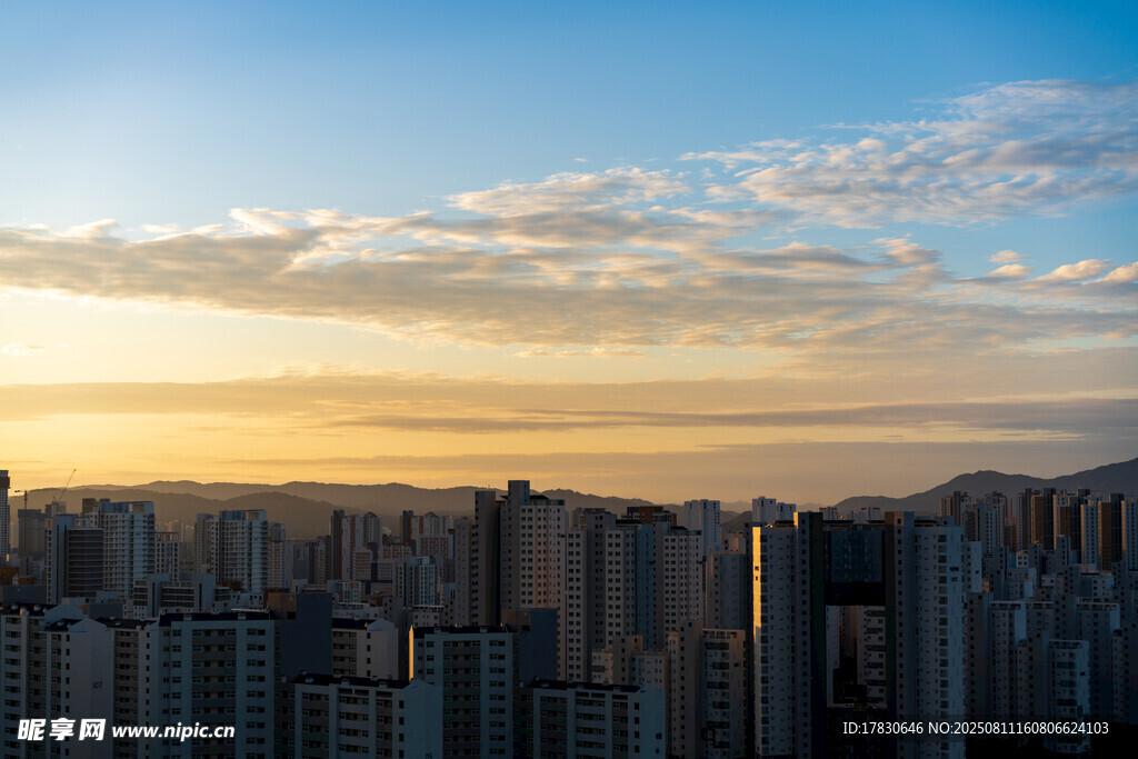 城市夕阳下的高楼景观