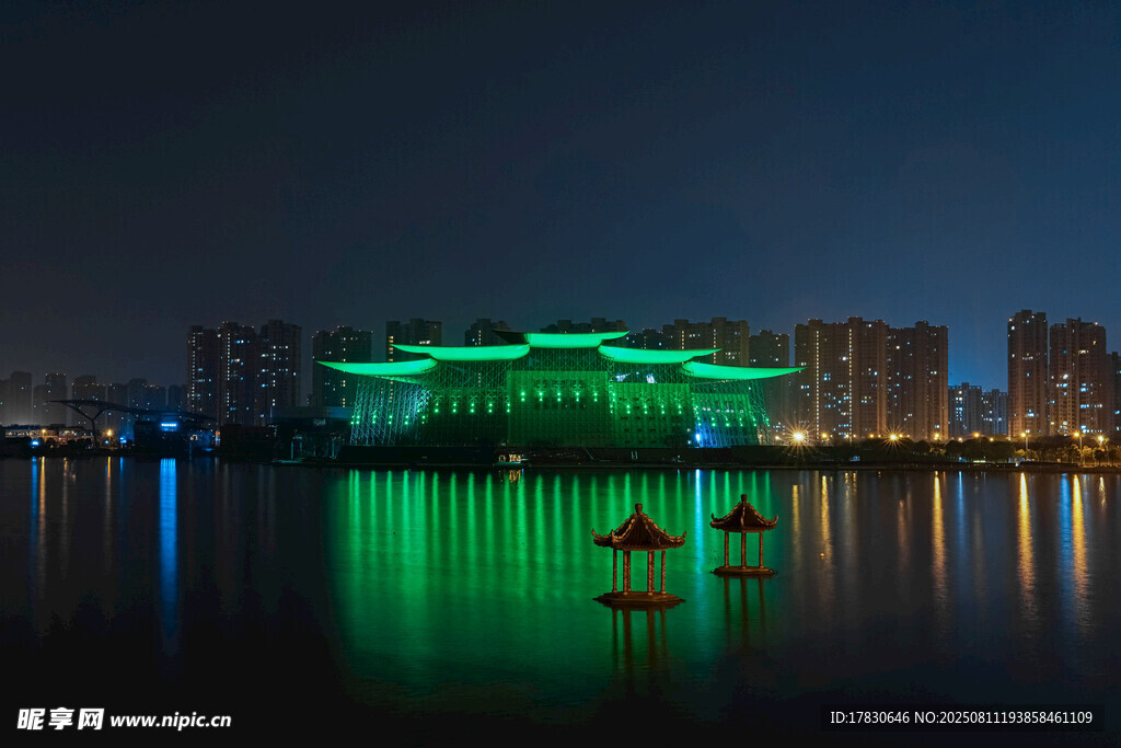 城市夜景中的璀璨水上建筑