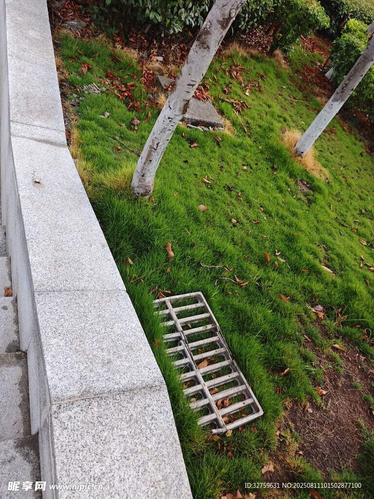 户外草地旁的金属格栅设施