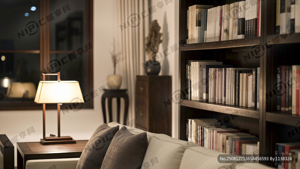 有中式书架的客厅 夜晚灯光温馨