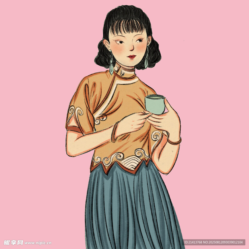 复古旗袍女子手持茶杯