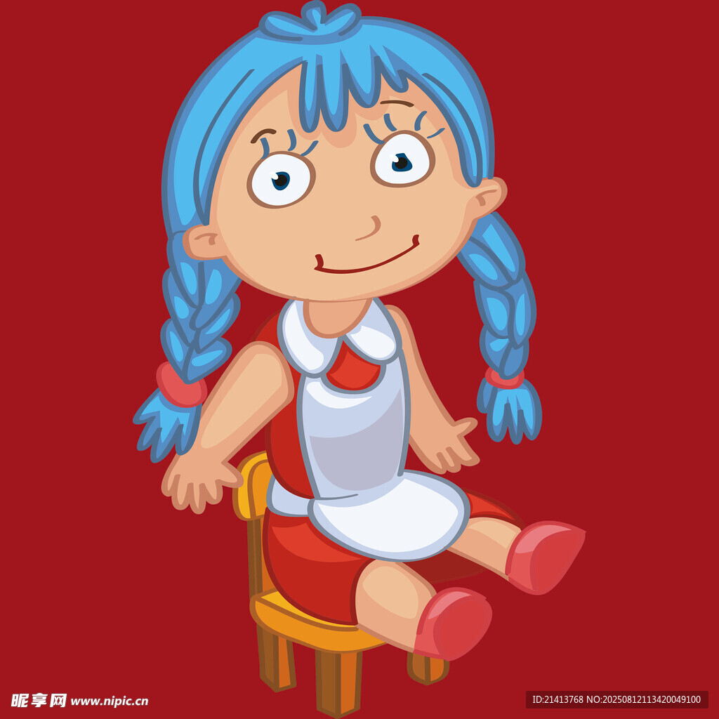 蓝发辫小女孩坐于红椅上