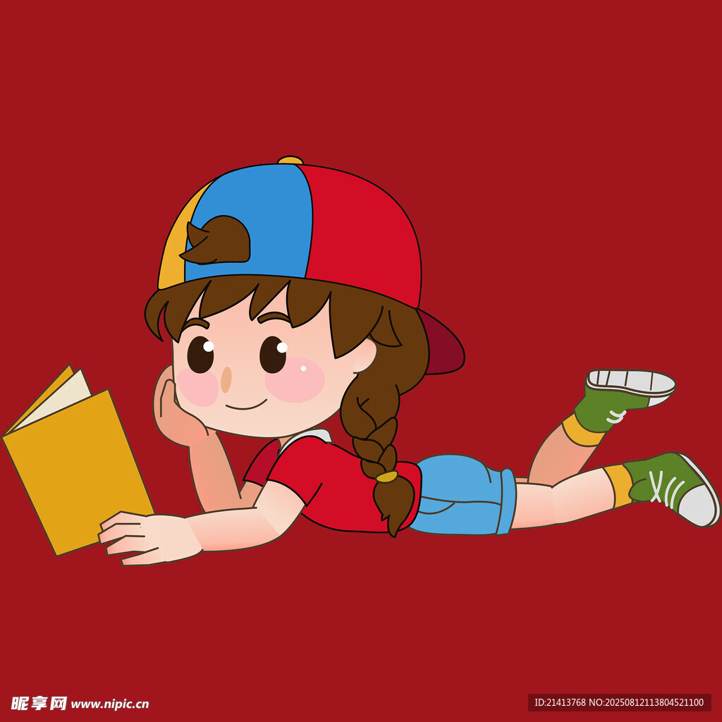 趴着看书的可爱小女孩