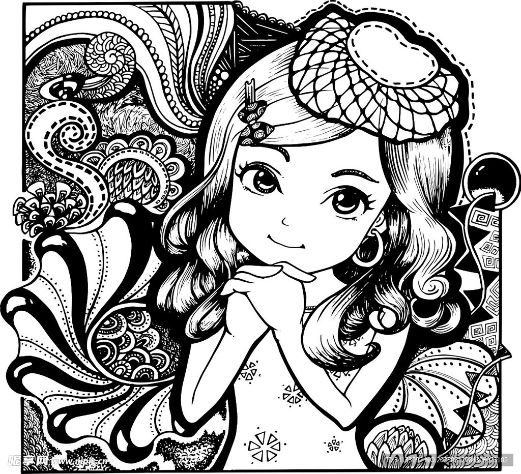 梦幻女孩黑白插画木刻木版画