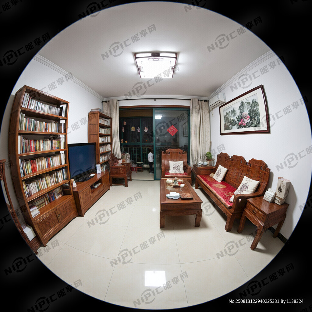 带有书架的中式客厅 广角镜头