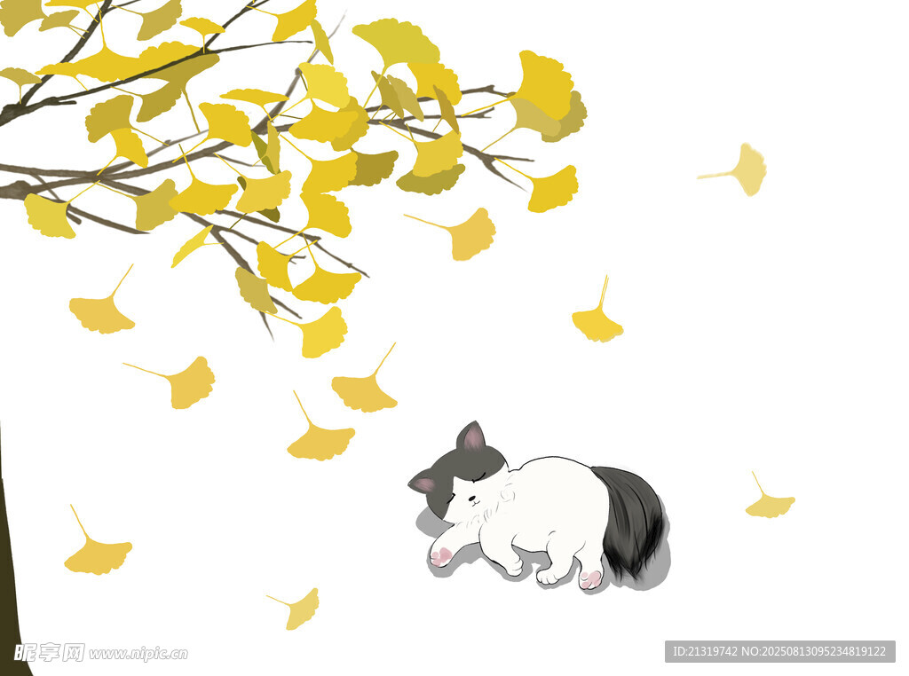 银杏叶小猫插画