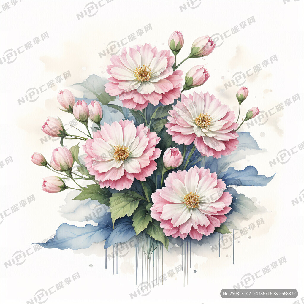 水彩画 蒜花束粉色、白色花束