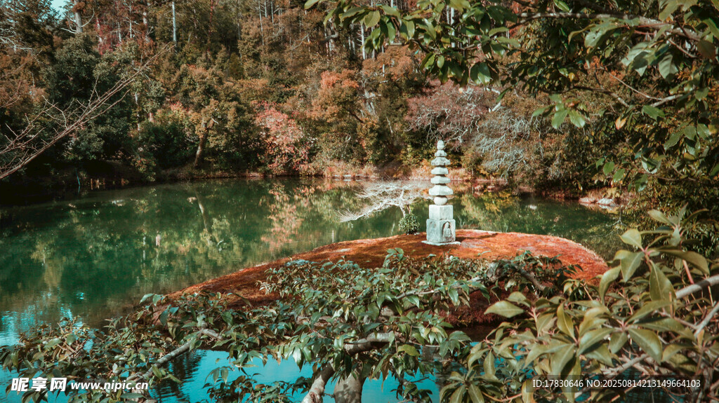 湖畔秋叶中的静谧景象