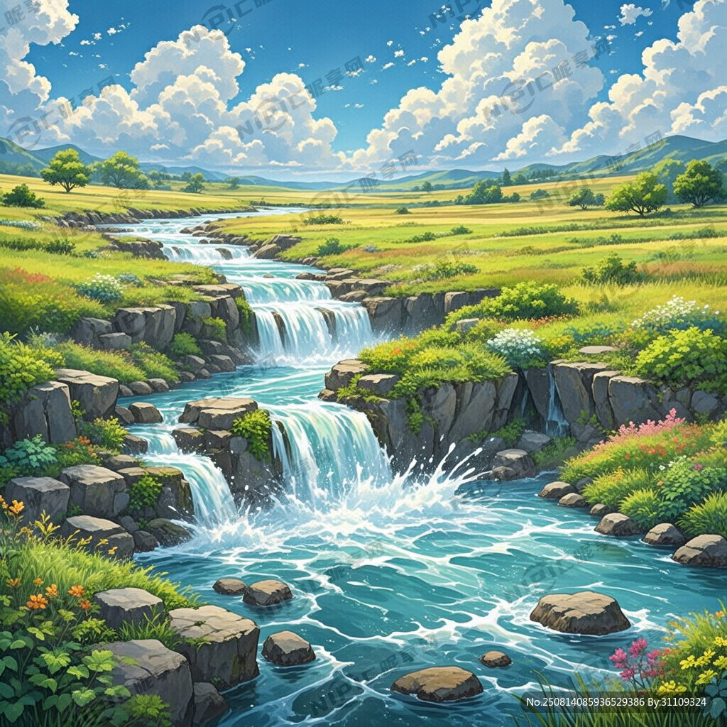 瀑布河流 平原草地 自然风光