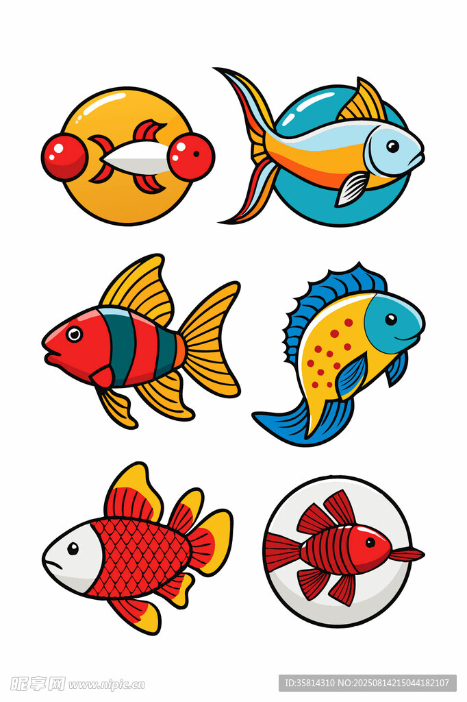 多彩卡通鱼类图标集合