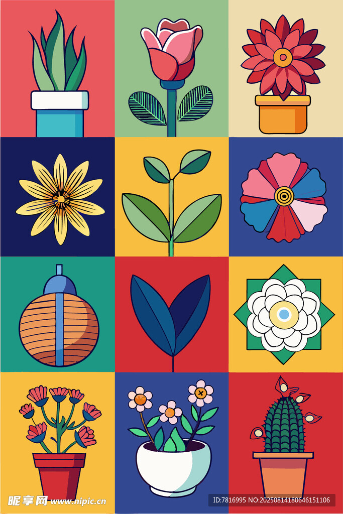 多彩盆栽花卉图案集合