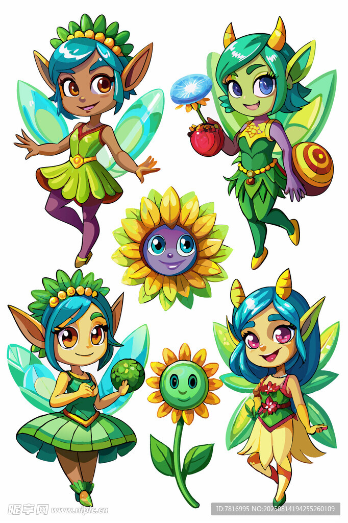 可爱精灵与花朵插画