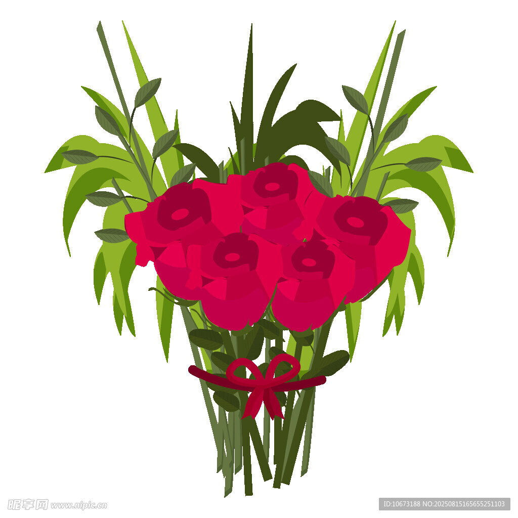 鲜艳红花朵与绿叶花束