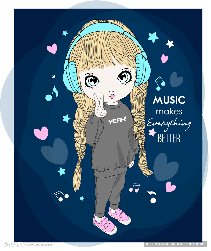 戴耳机的可爱音乐女孩